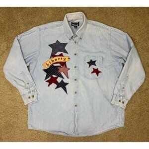 THREE RIVERS Vintage Mens Denim Embroidered Patriotic Stars USA Flag LARGE